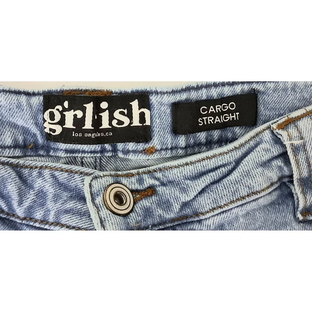 Girlish Jeans Juniors Size 13/31 Blue Cargo Straight Light Wash Button Fly Preow